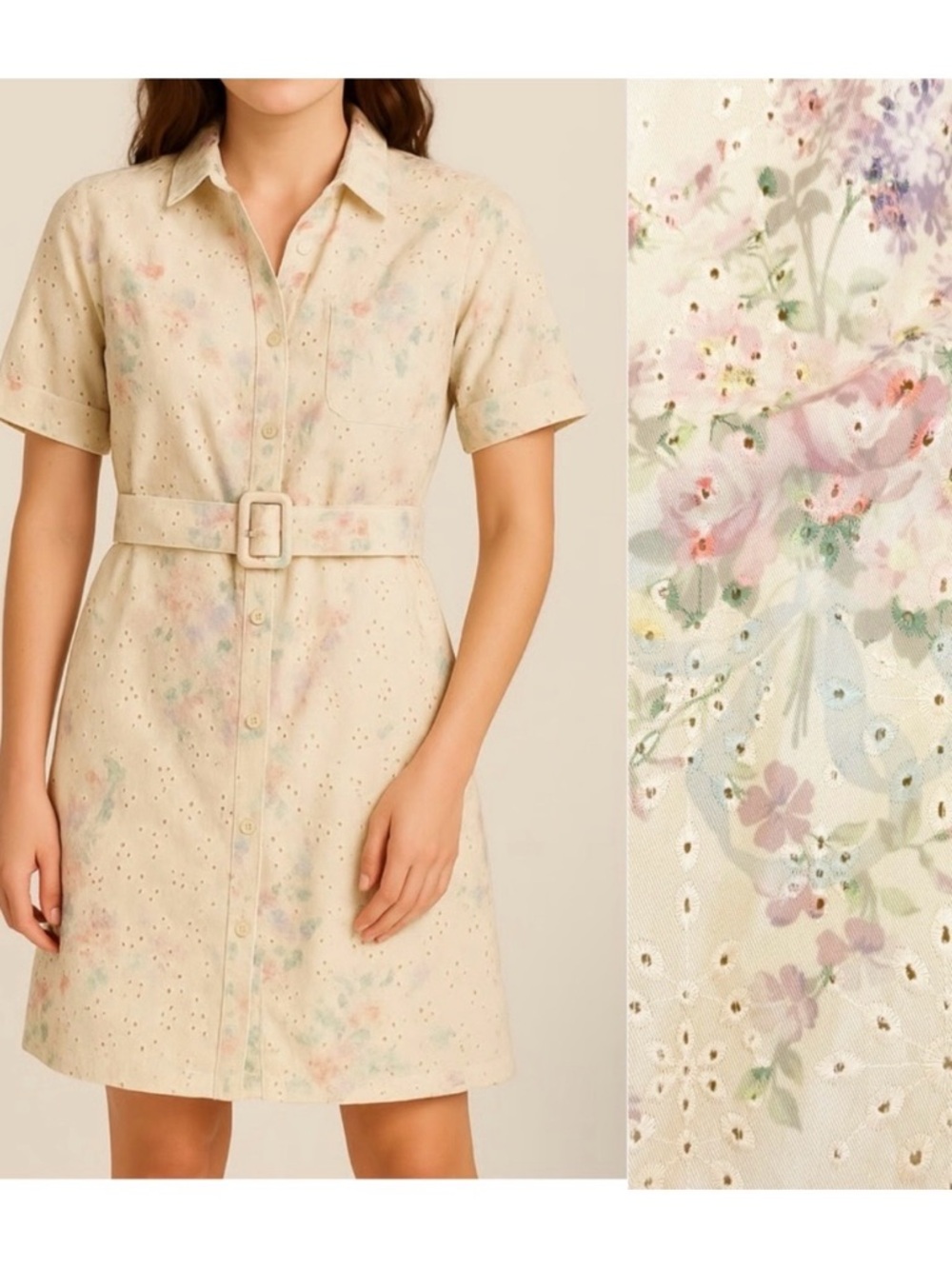 Solitaire X Anthropologie Floral Eyelet Belted Button Front Shirt Dress Boho